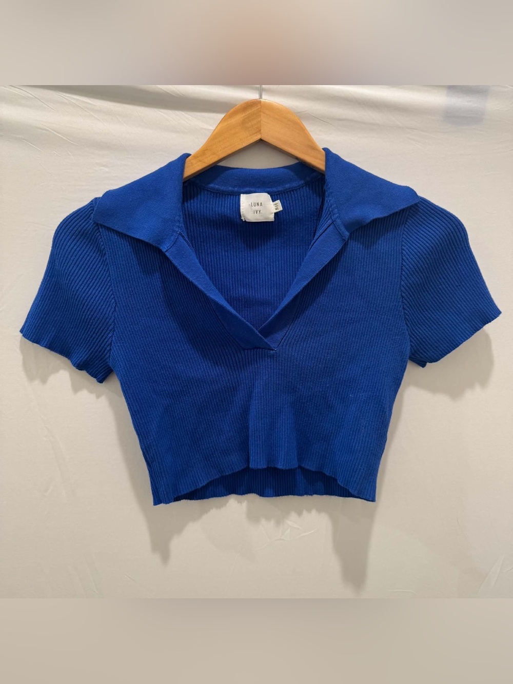 Anthropologie Luna Ivy Cobalt Blue Ribbed Polo Crop Top Women M/L